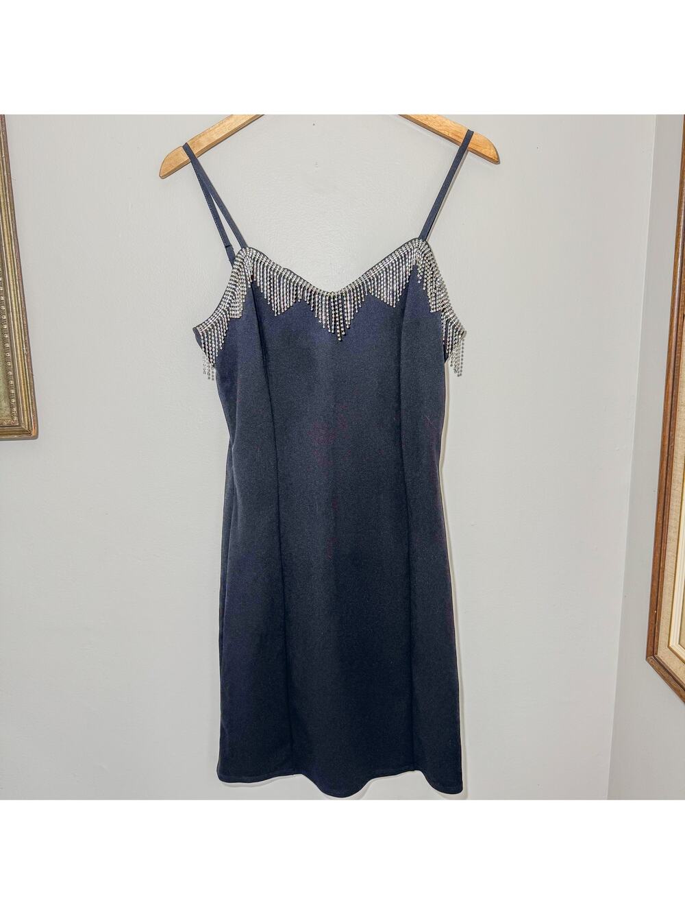 Planet Gold Black Rhinestone Fringe V-Neck Spaghetti Strap Slip Dress XL